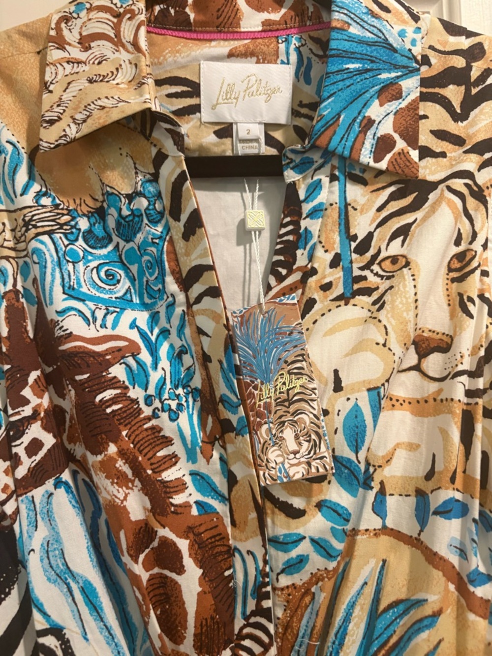 Lilly Pulitzer Blue and Brown Tropical Animal Print Shirt Dress, NWT. - Picture 4 of 5